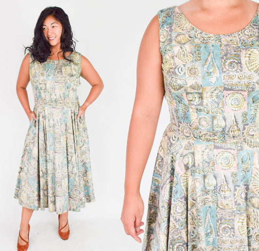 1950s Seashell Tiki Print Summer Dress, Large