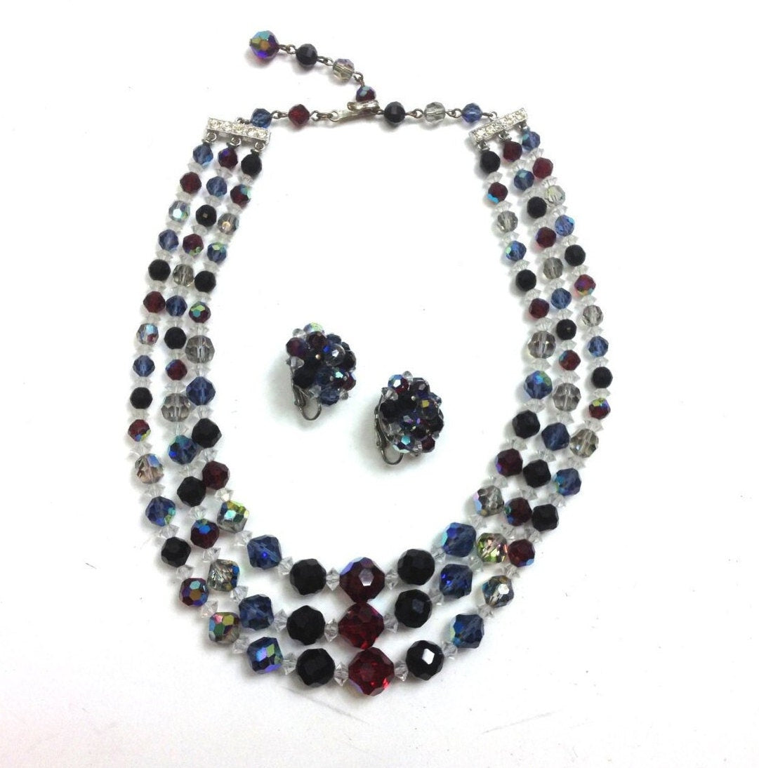 1950s Red & Black Crystal Necklace Earring Set | Crystal Glass Choker Earrings