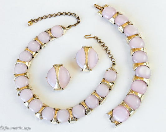 1960s Pink Lucite Parure Jewelry Set, Necklace Bracelet & Earrings