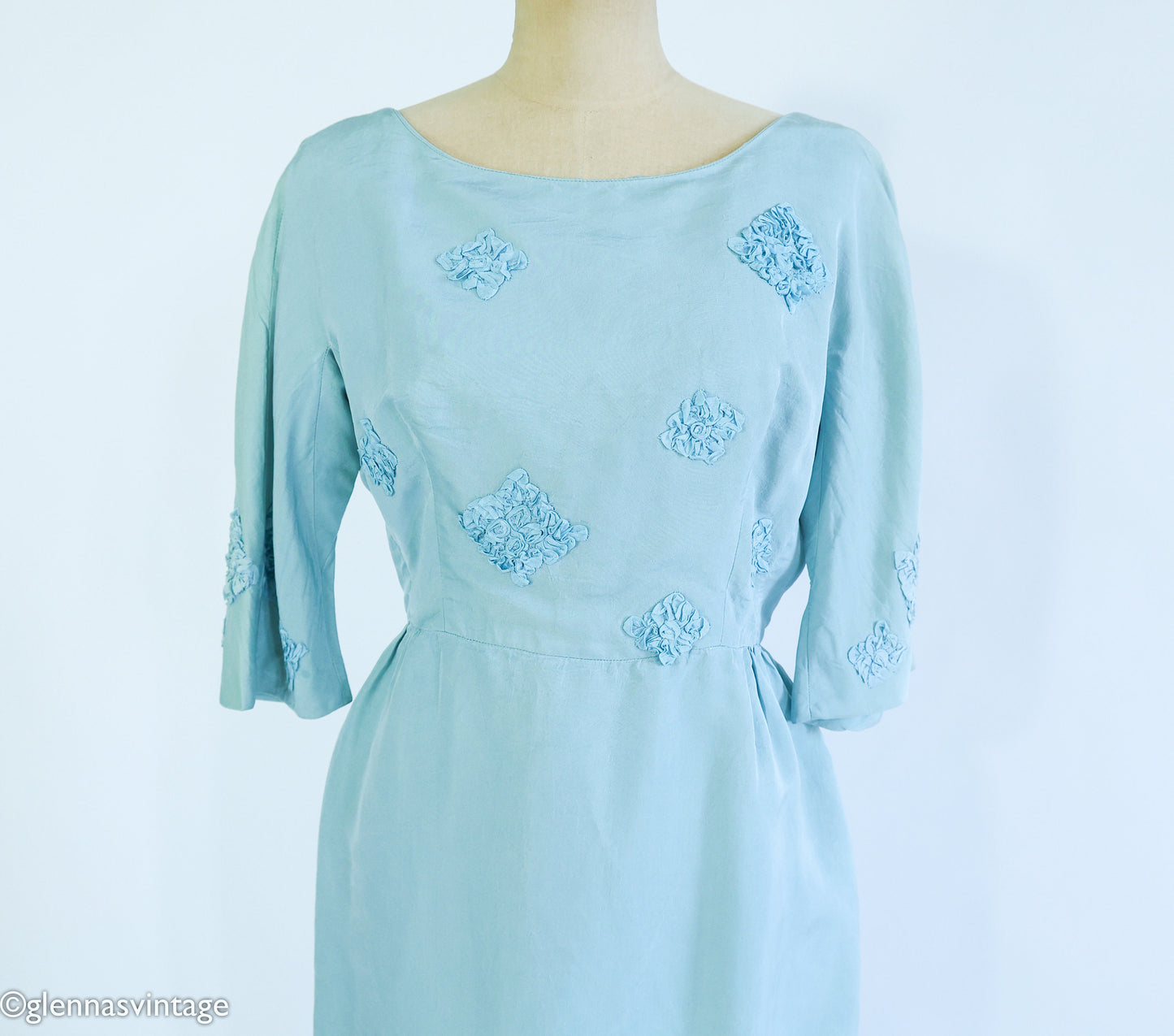 1950s Turquoise Silk Cocktail Dress | Rosette Bodice, Large