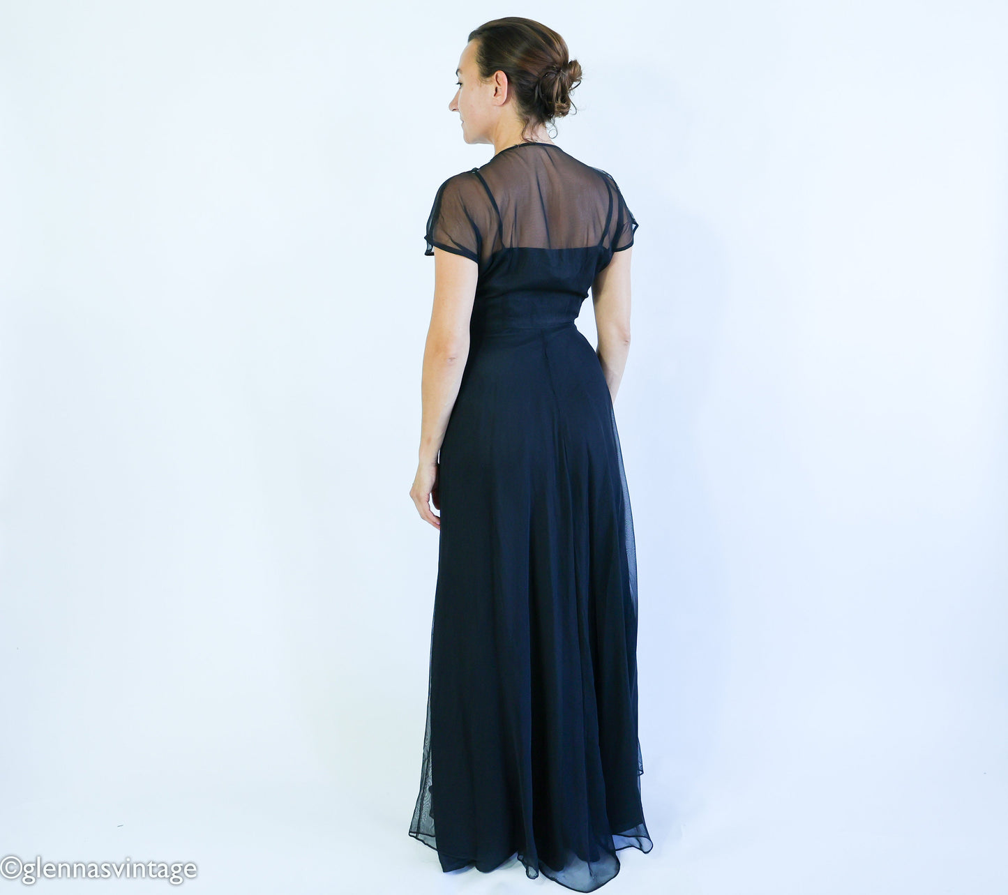 1940s Black Crepe Evening  Dress | 40s Black Sheer Sequin Formal Dress l Medium