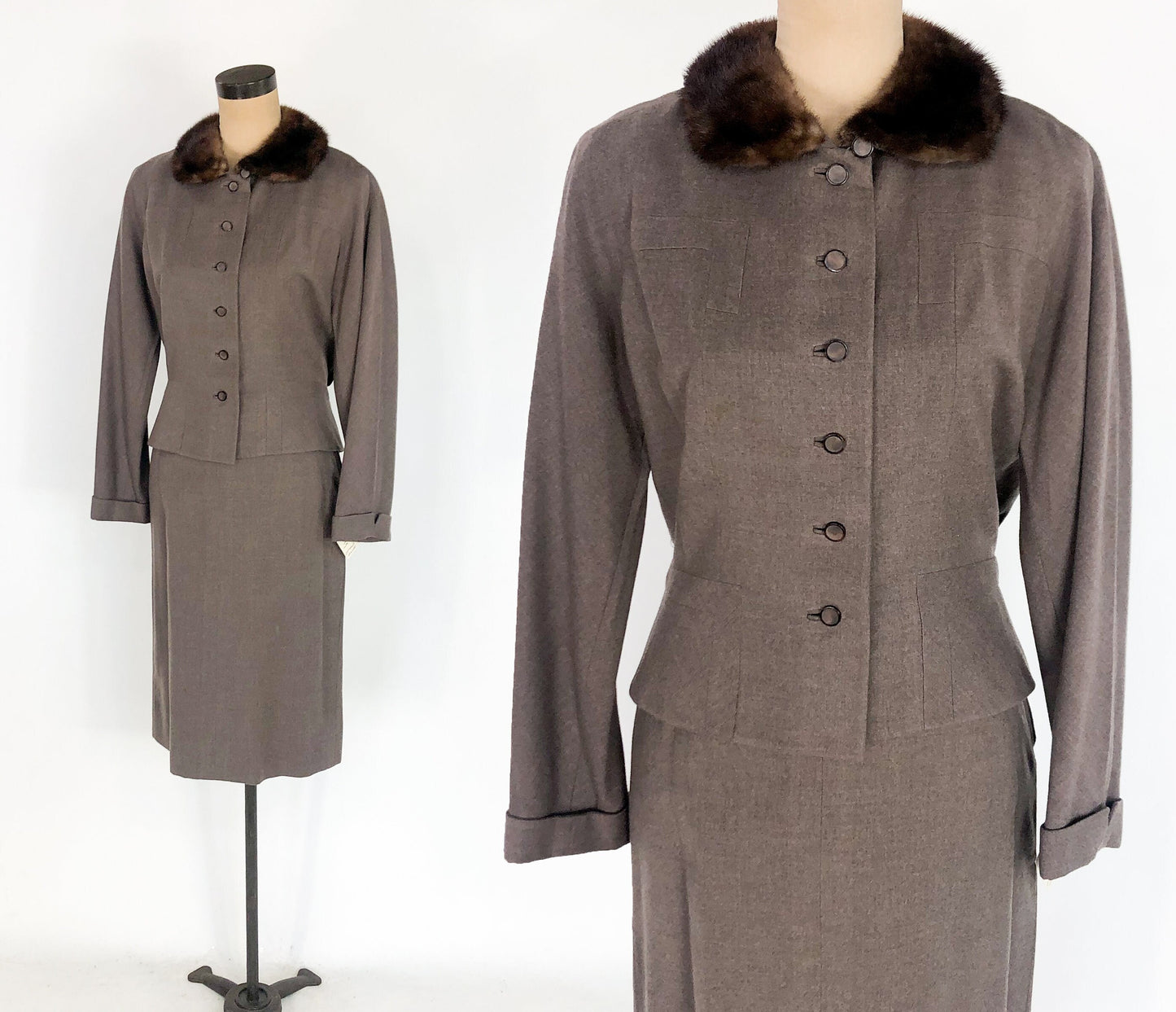 1940s Brown Wool Suit | 40s Brown Suit & Mink Collar | Medium