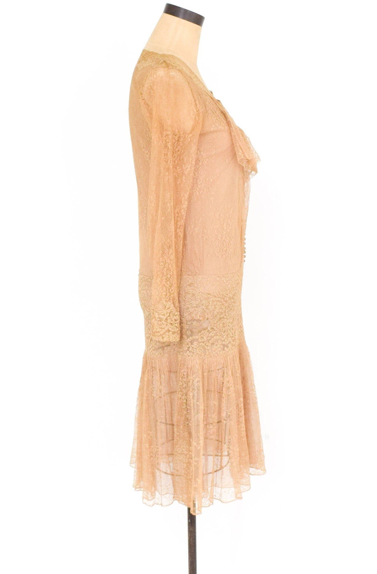 1920s Beige Lace & Silk Flapper Dress, Extra Small