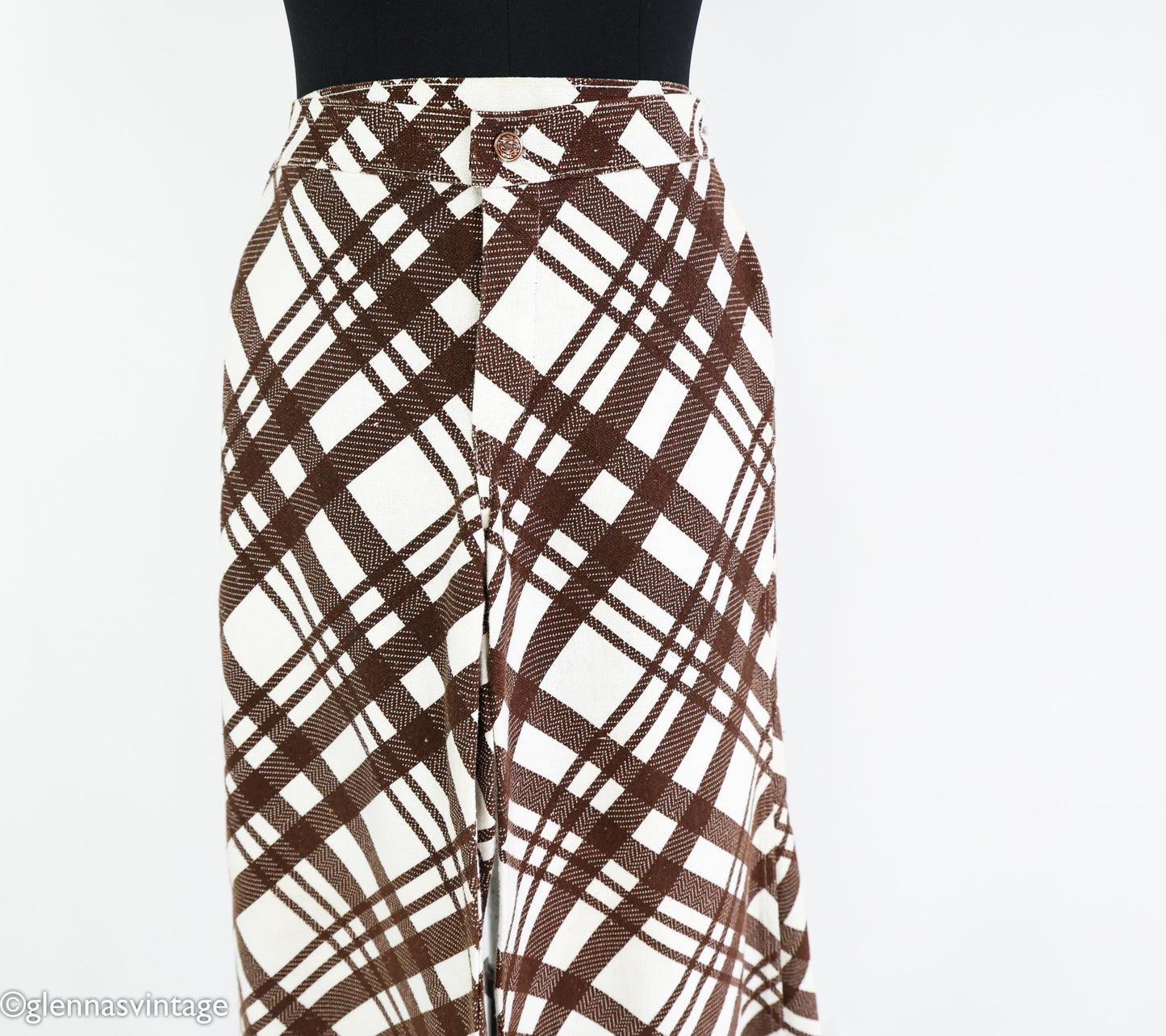 1970s Brown White Plaid Palazzo Pants, Medium