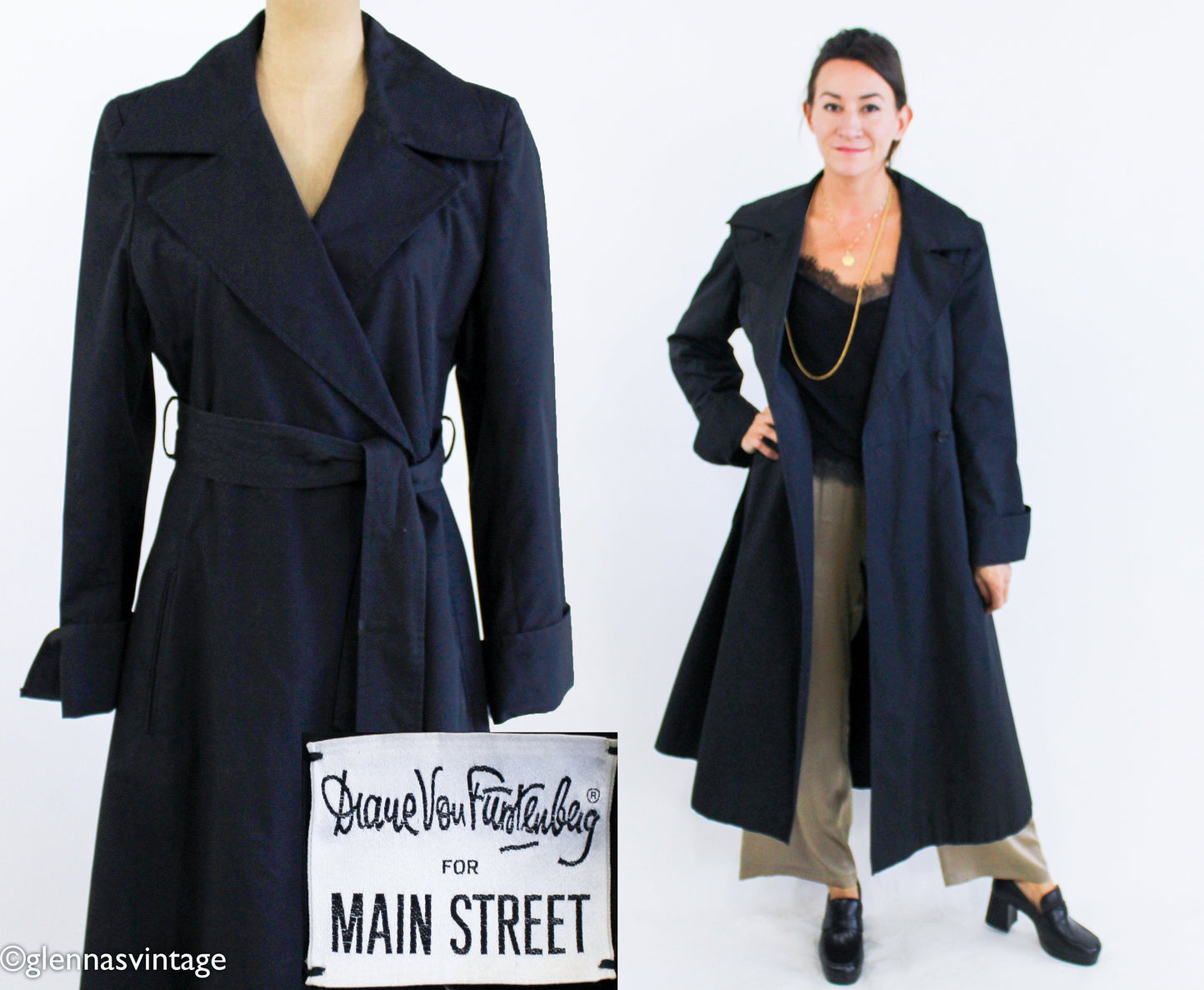 Diane von Furstenberg | 1980s Black Trench Coat l 80s Black Wrap Trench Coat | Diane von Furstenberg | Medium