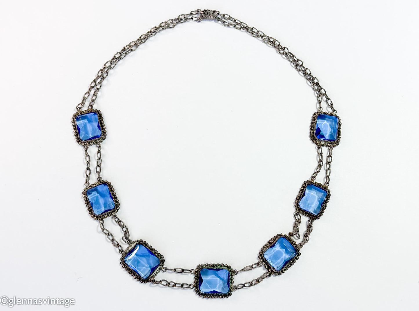 1900s Edwardian Blue Glass & Filigree Rectangle Necklace
