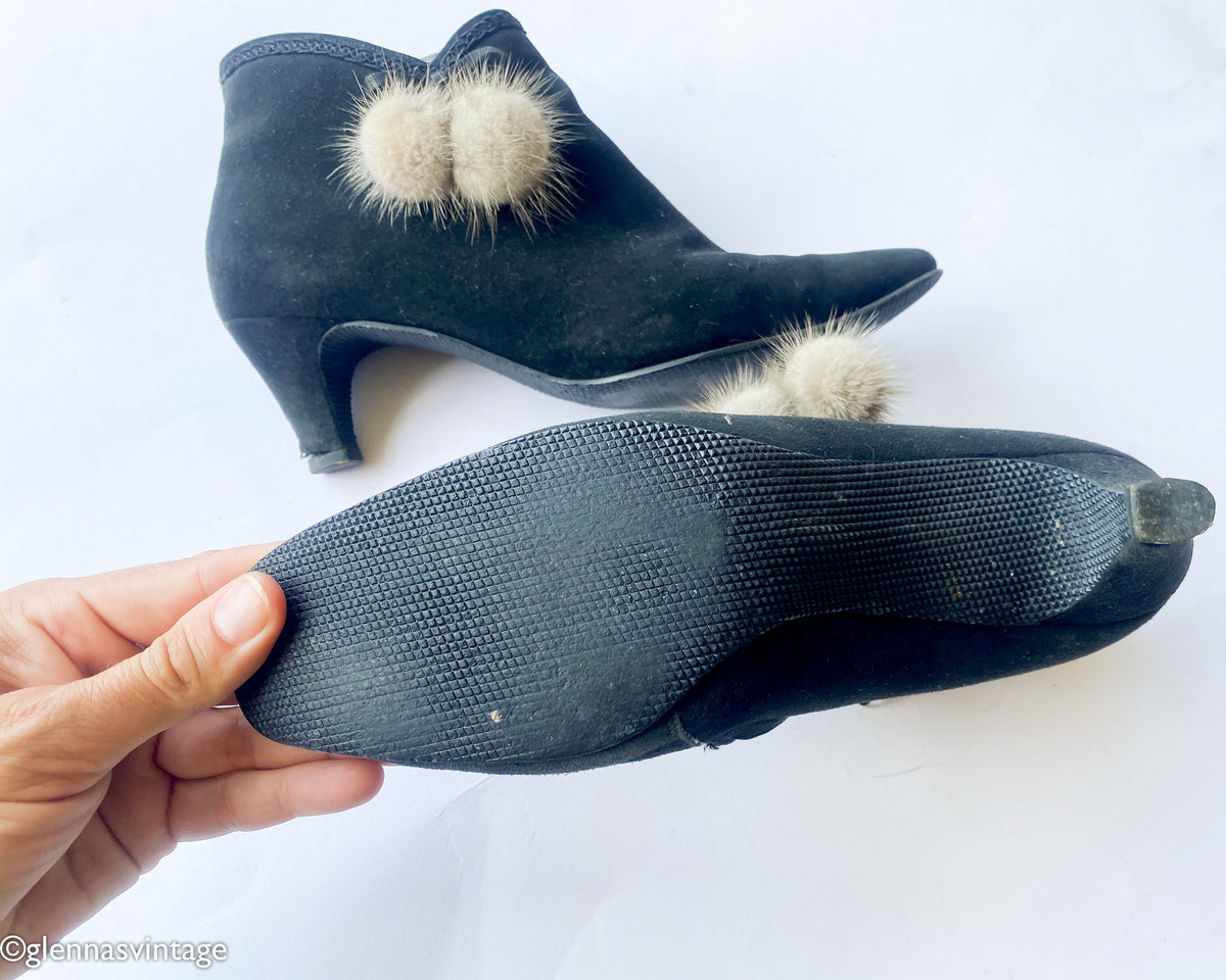1950s Black Suede Booties with Mink Fur Pom Poms, Size 6