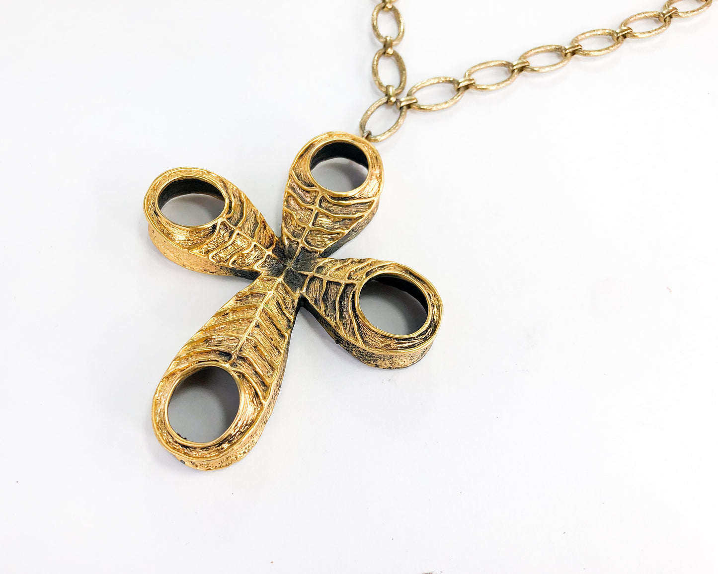 1970s Tortoloni Gold Cross Pendant Necklace | Brushed Metal Boho