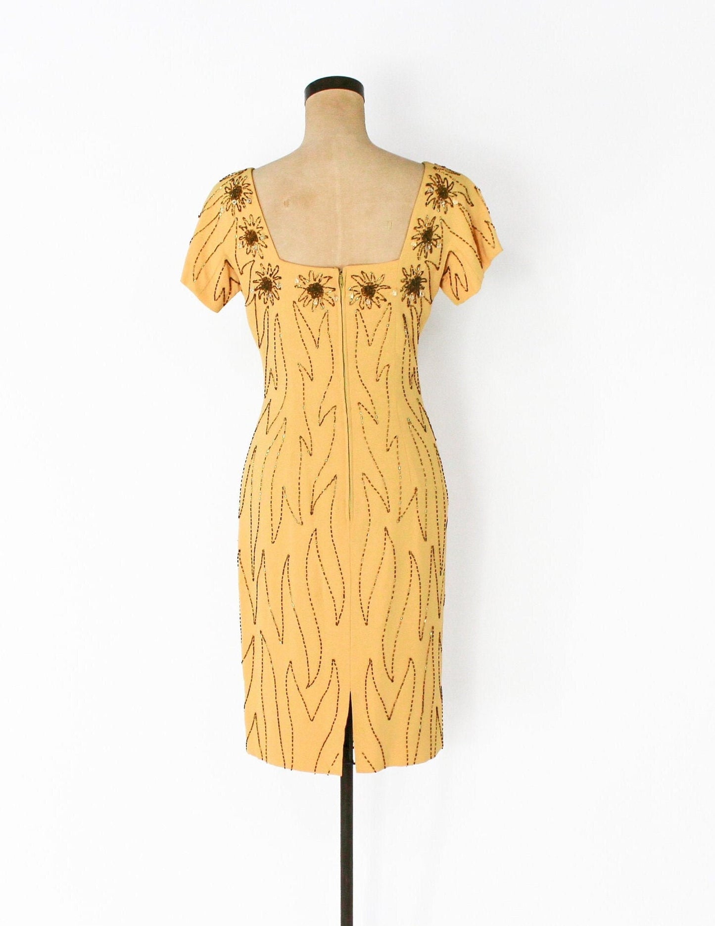 1950s Yellow Beaded Cocktail Dress, Small