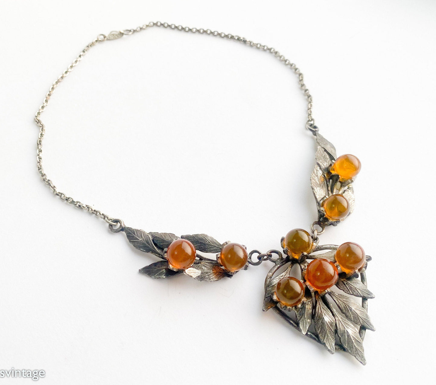 1930s Silver Leaves Necklace | Vintage Pendant with Brown Berries