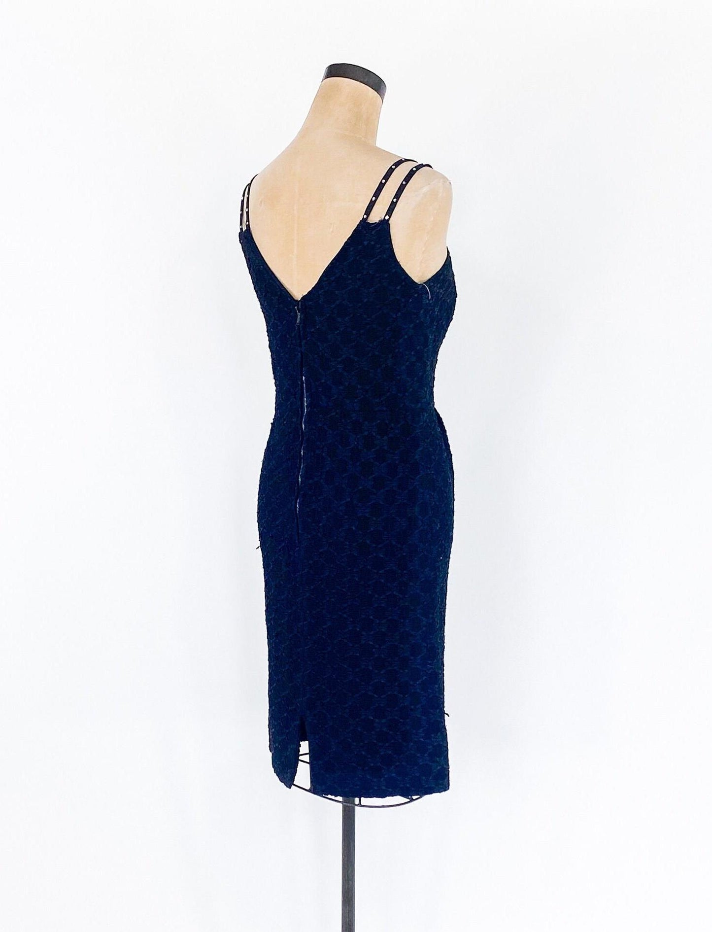 1950s Black Ribbon Lace Party Dress | 50s Black Spaghetti Strap Sheath | Black Wiggle Dress | Small