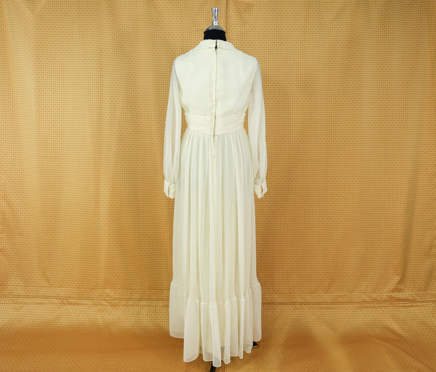 1970s Ivory Chiffon Wedding Dress, Romantic Pleated Maxi Gown, Small