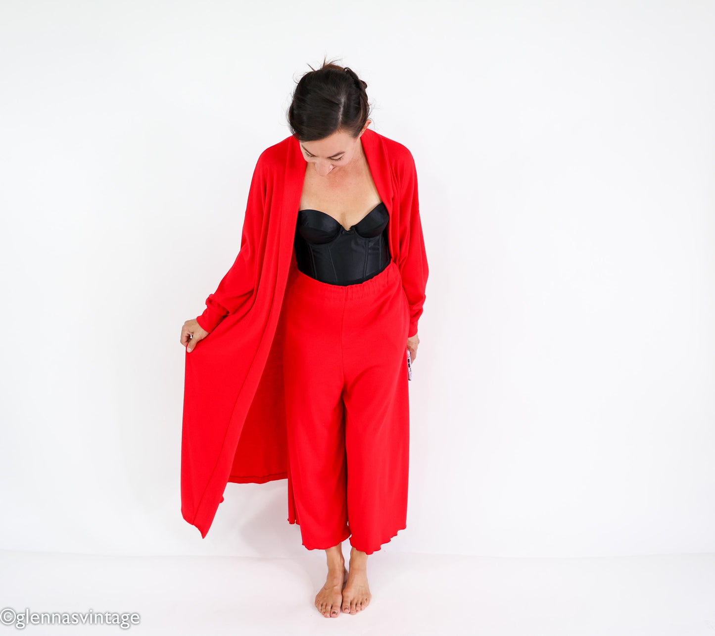 1980s Red Knit Lounge Set, Duster & Pants, Extra Large