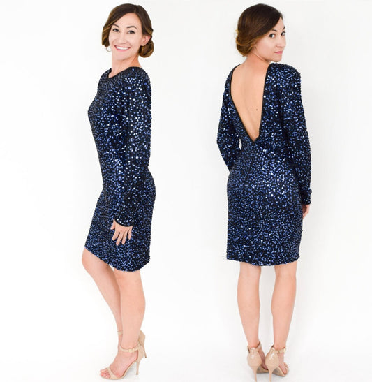 1990s Blue Sequin Low Back Party Dress, Medium