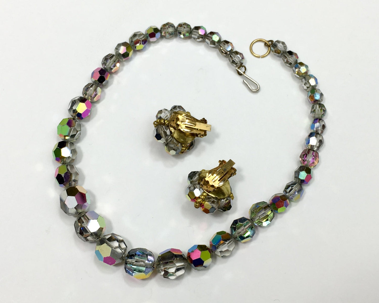 1960s Bronze Aurora Borealis Crystal Necklace & Earrings Set | 60s Gold Faceted Crystal Choker Set
