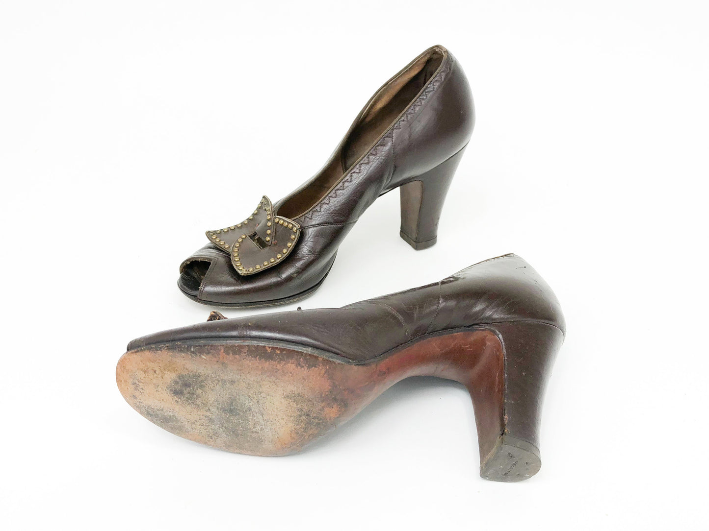 1940s Brown Leather Pumps | 40s Brown Peep Toe Heels | Andrew Geller | US 7 EU 37-38 UK 5