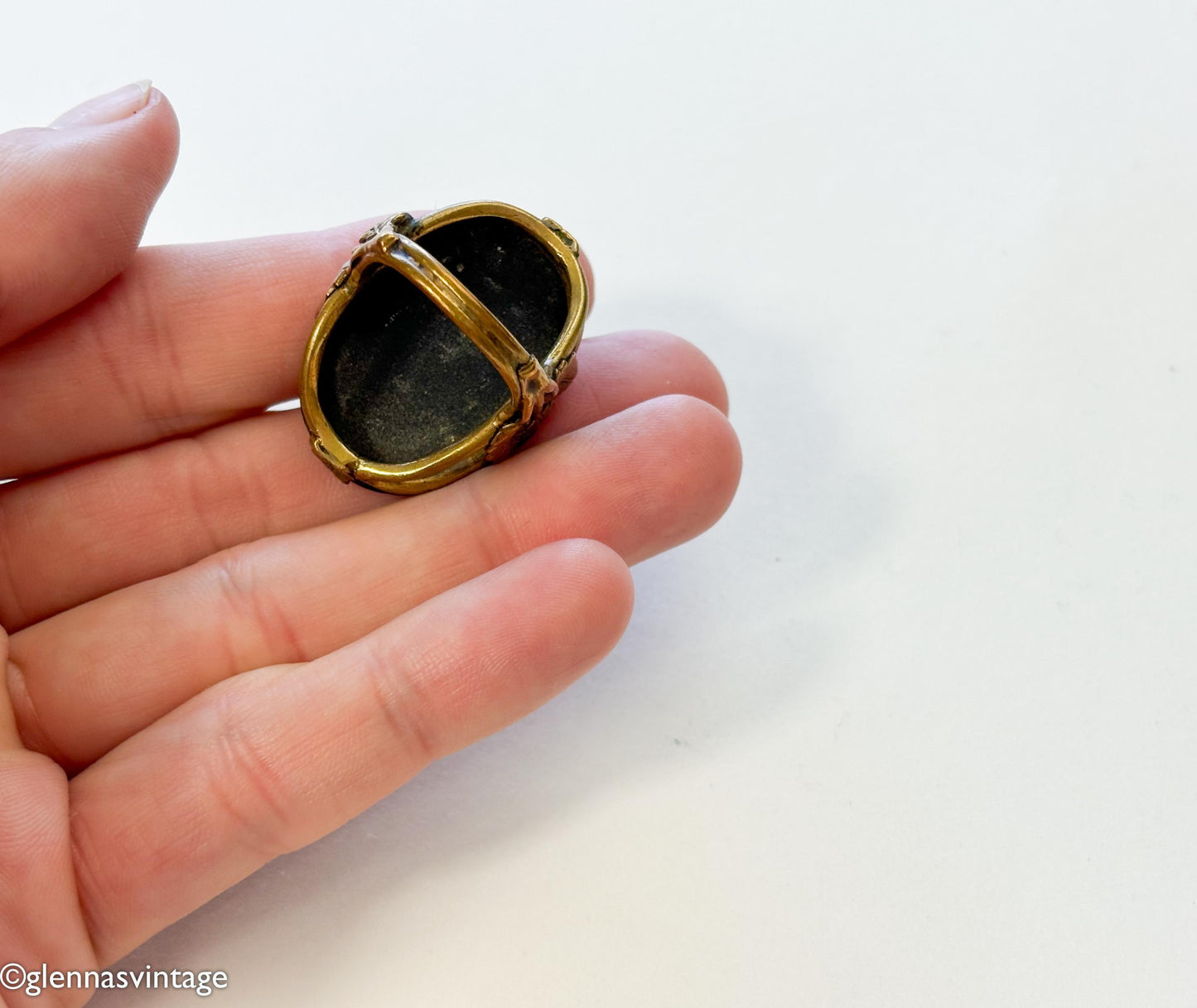 1920s Art Deco Black Glass Ring | Gilt Brass Leaves, Size 5.75