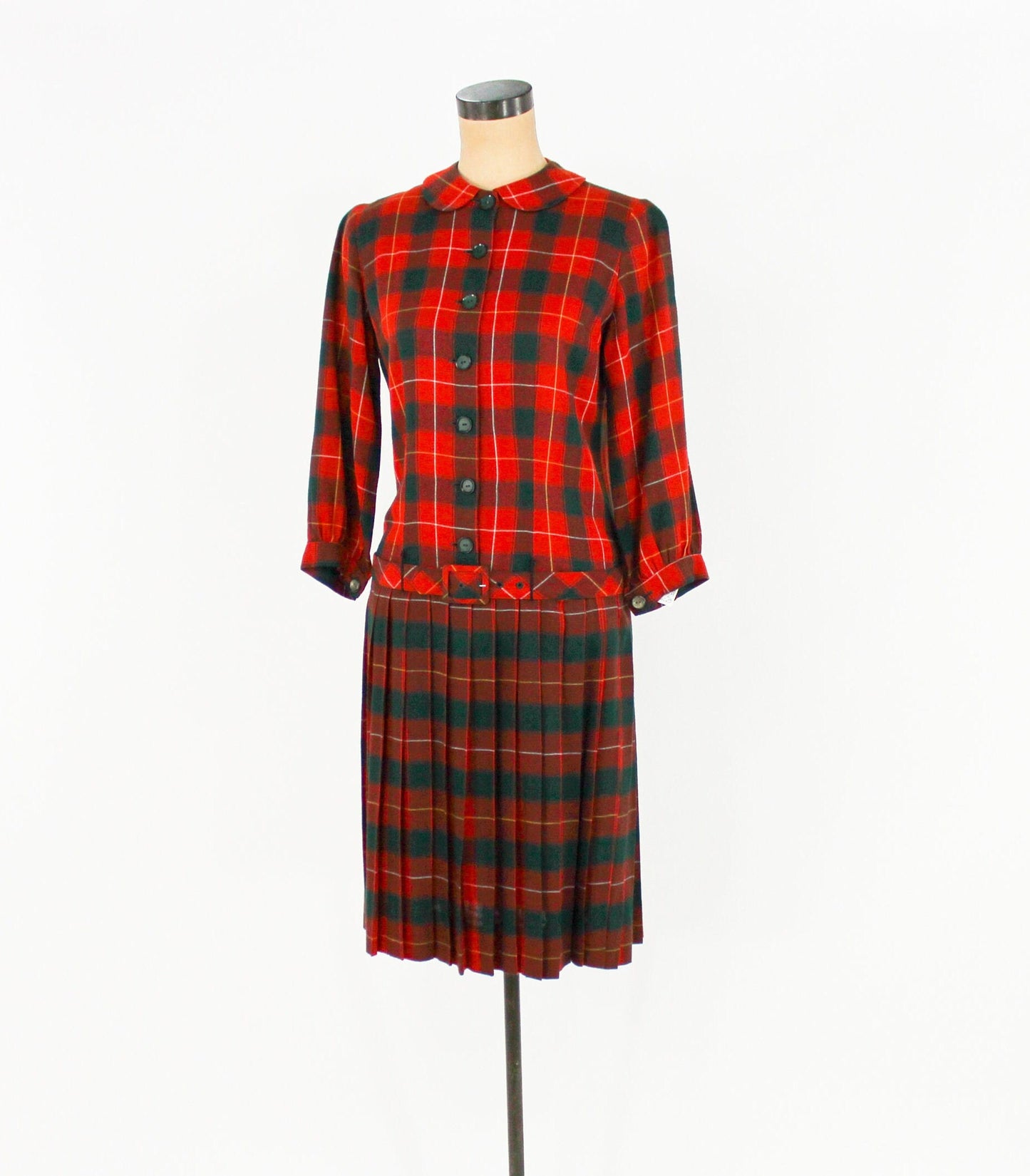 1960s Red Plaid Wool Dress | 60s Plaid Red & Green Dress | Bobbie Brooks | Medium