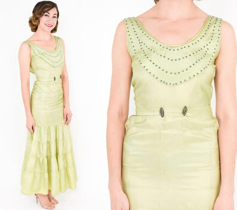 1930s Chartreuse Yellow Taffeta Evening Gown, Extra Small