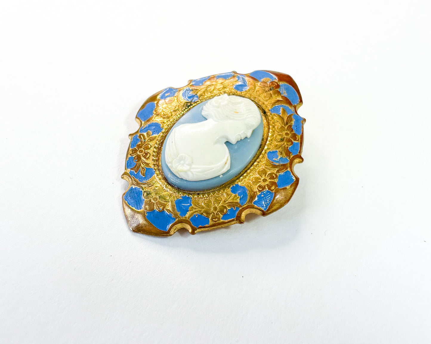 1930s White Blue Vintage Cameo with Brass & Enamel Frame