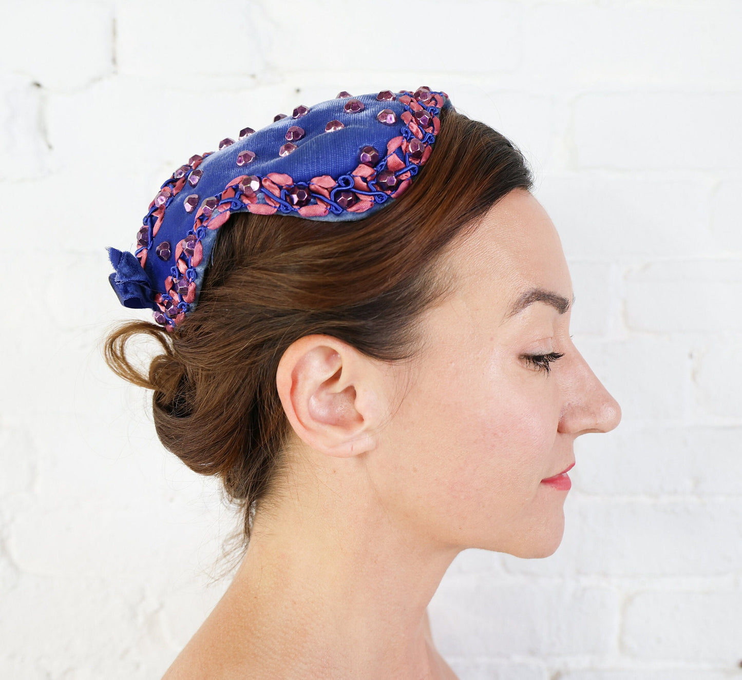 1950s Blue Velvet Beaded Fascinator Hat
