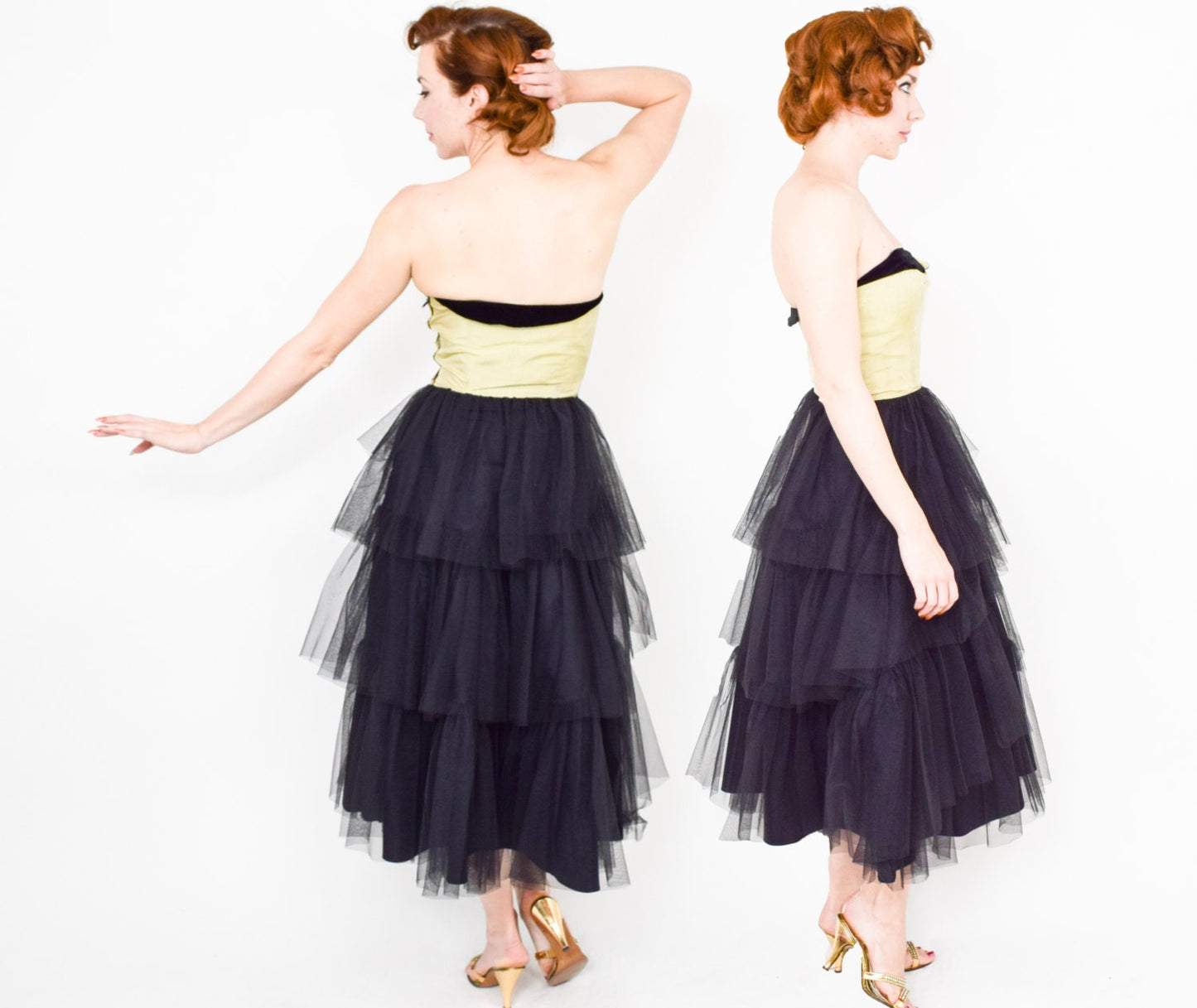 1940s Black Strapless Formal Dress | 40s Black Tulle & Gold Silk Party Dress | Strapless Evening Dress | Extra Small