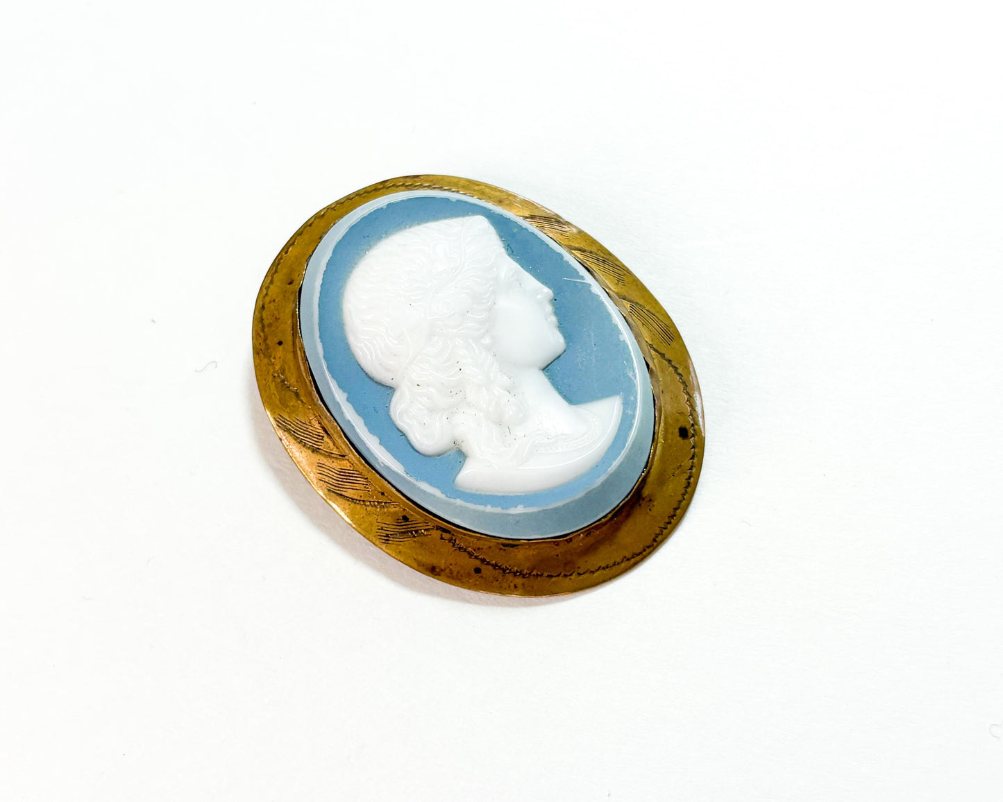 1930s Molded Glass Cameo with an Etched Brass Frame
