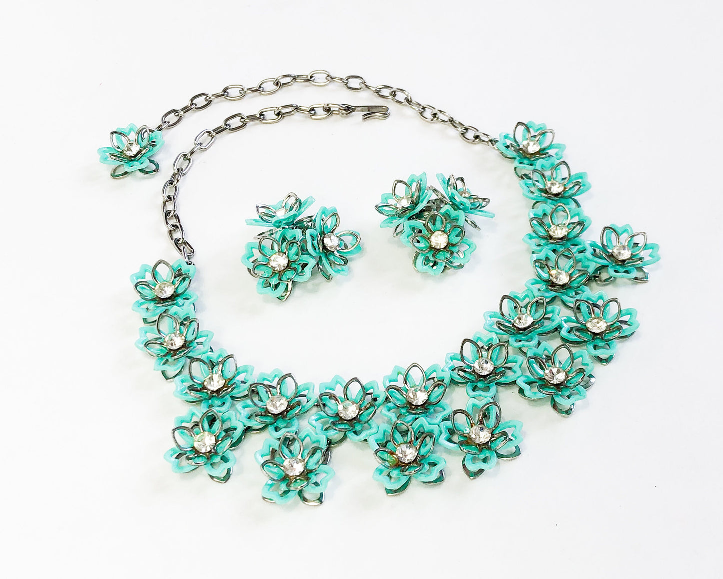 1960s Turquoise Flower Necklace Set | 60s Turquoise Plastic Flowers Necklace Jewelry Set