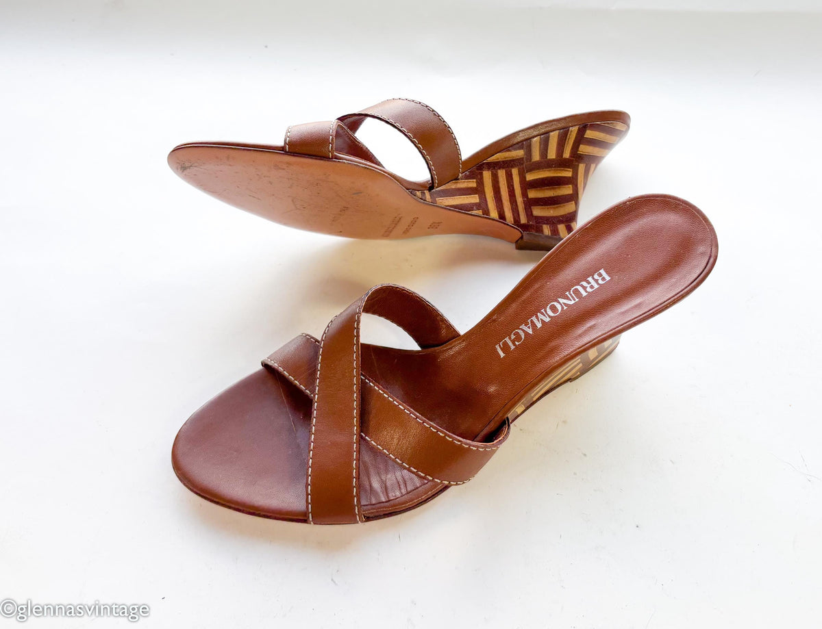 1990s Brown Leather Wedge Sandal Heels, Bruno Magli, US 6, EU 36.5