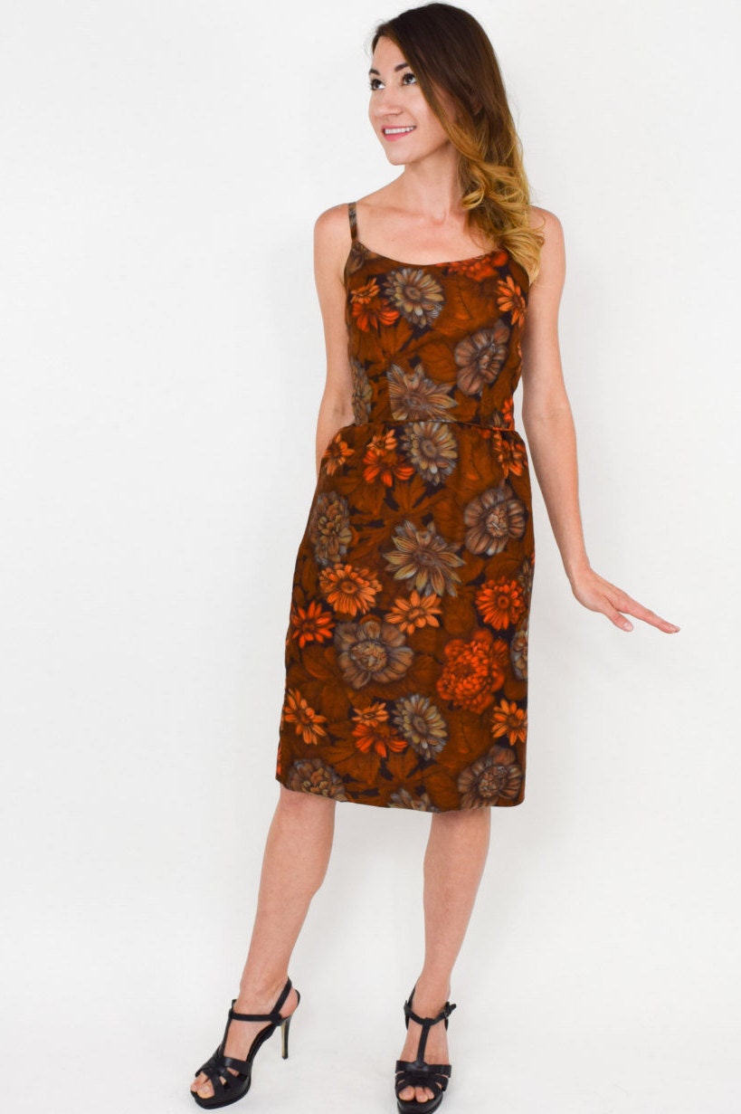 1950s Brown Floral Print Cotton Sheath Dress, Extra Small