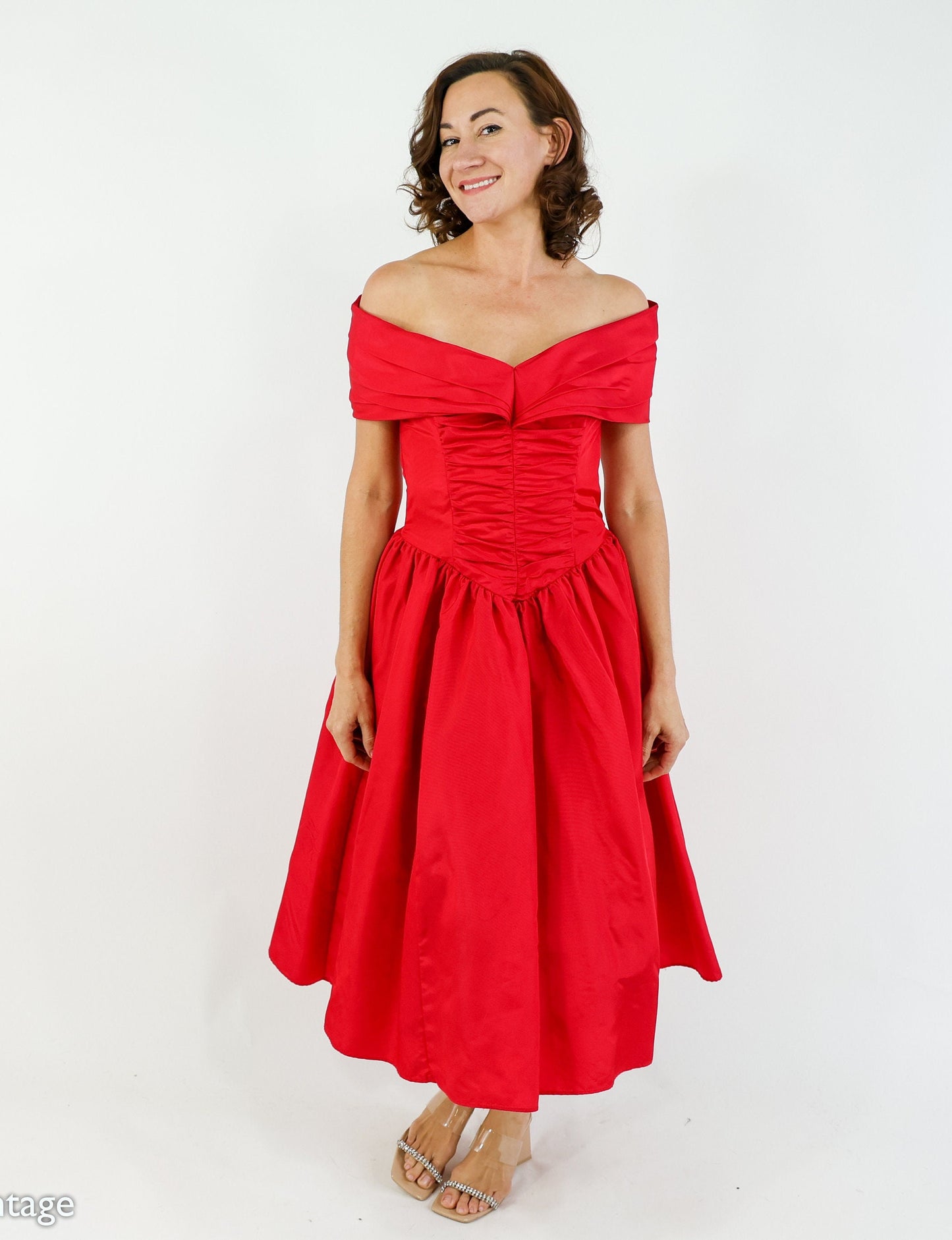 1980s Jessica McClintock Red Taffeta Party Dress, Small