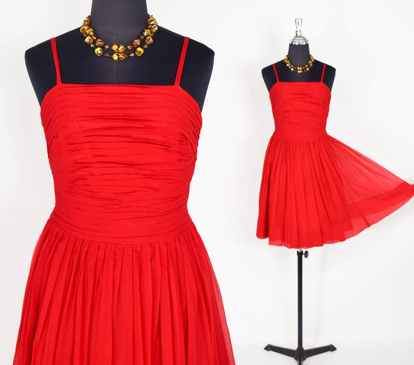1950s Red Chiffon Party Dress with Pleated Bodice, Extra Small