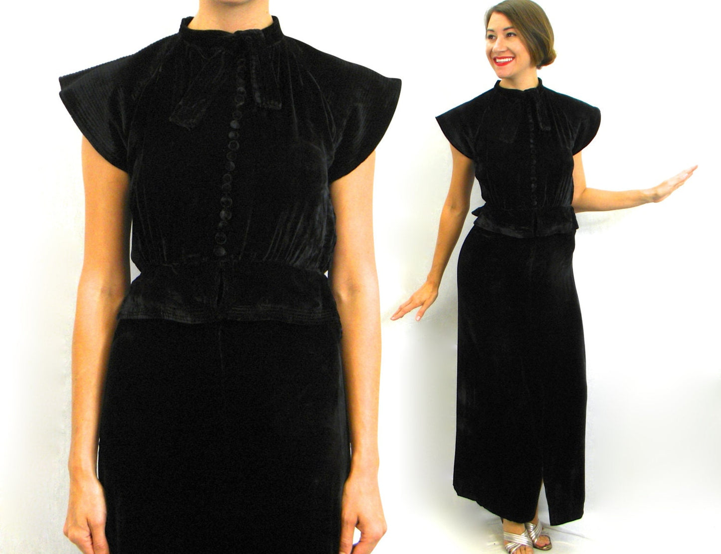 1930s Black Silk Velvet Gown with Deco Corded Shoulder Dress, Small