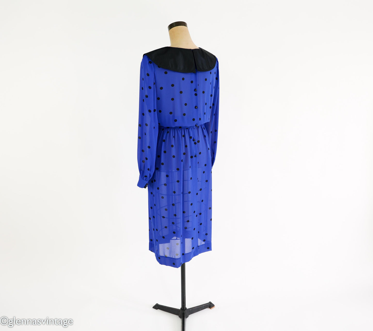 1980s Albert Nipon Blue Polka Dot Chiffon Dress, Small