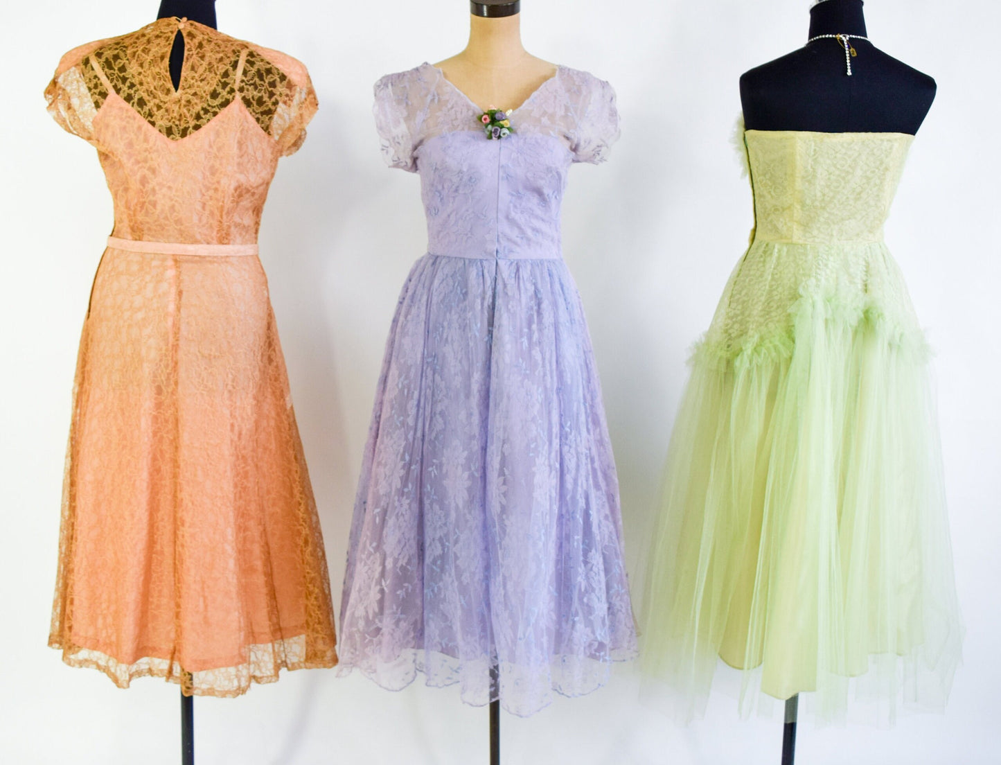 1940s Citron Green Lace  & Tulle Strapless Evening Dress | 40s Chartreuse Cupcake Dress | Green Lace Prom Dress | Small