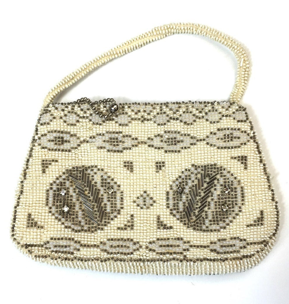 1930s Creme Beaded Purse | Art Deco Beaded Clutch | Czechoslovakia