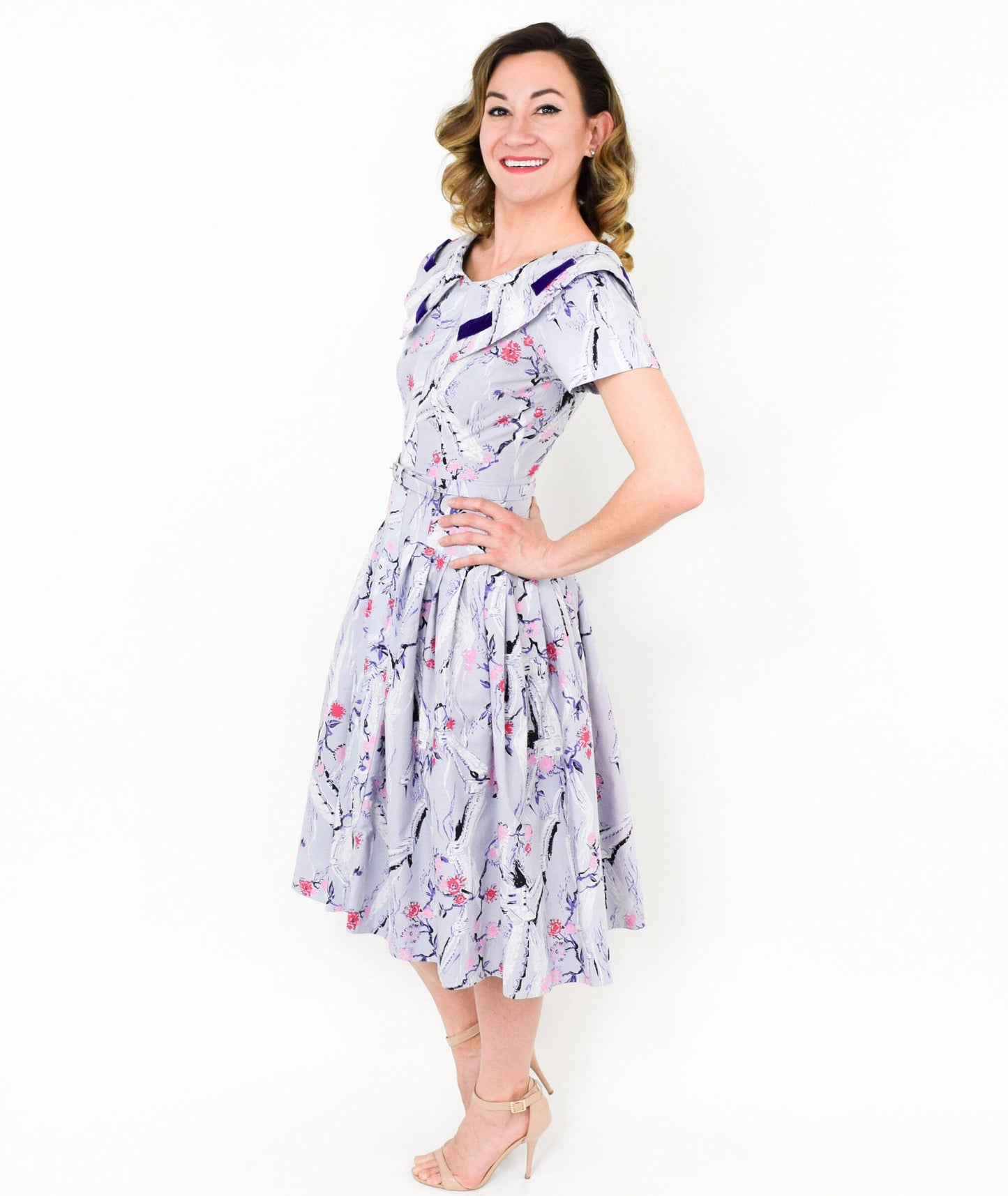 1950s Lavender Purple Novelty Print Cotton Dress, Small
