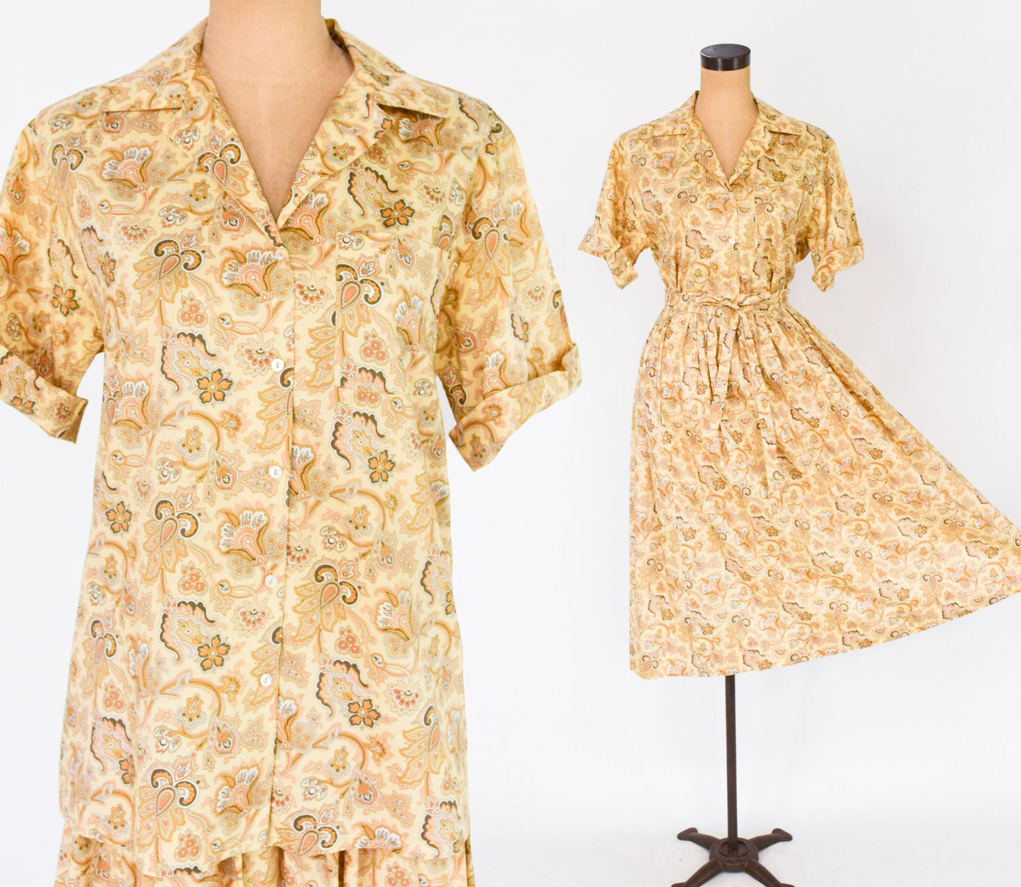 1980s Gold Floral Blouse & Skirt Set | 80s Gold Cotton Paisley Skirt Set | Gloria Sachs | Medium