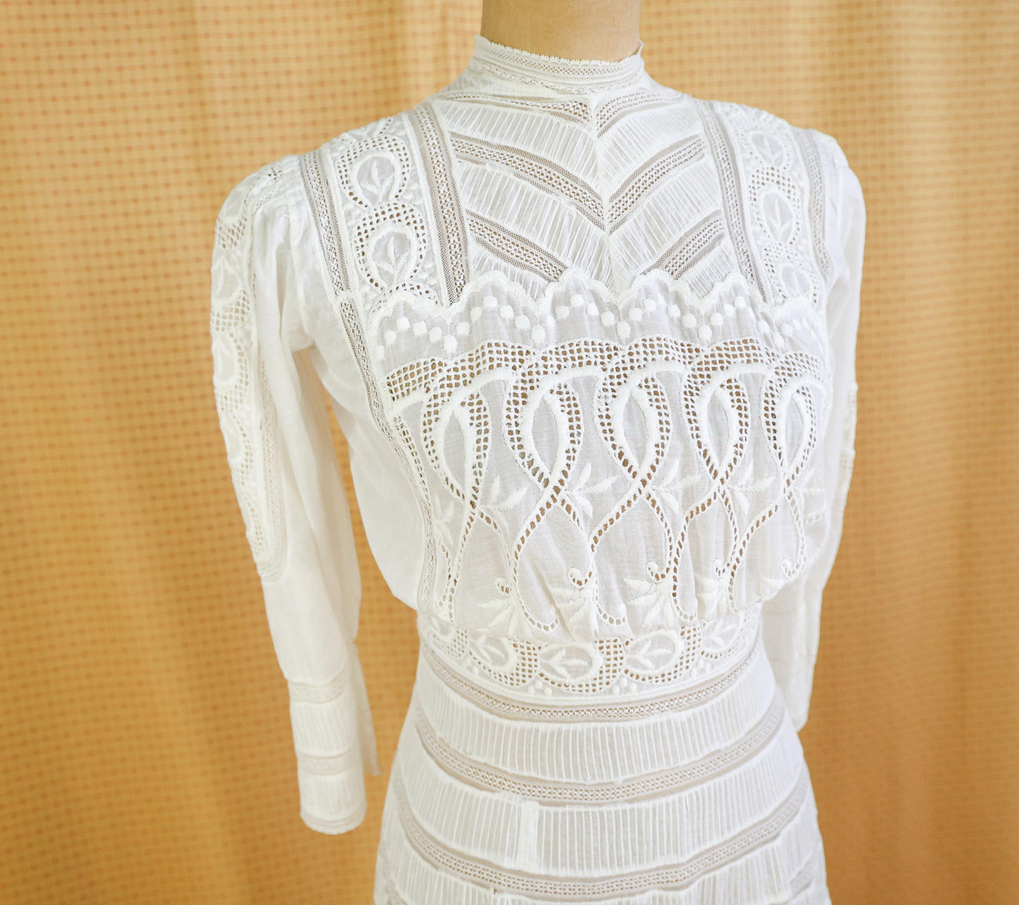 1880s Edwardian Lace Cotton Gown, Antique Walking Dress, Small