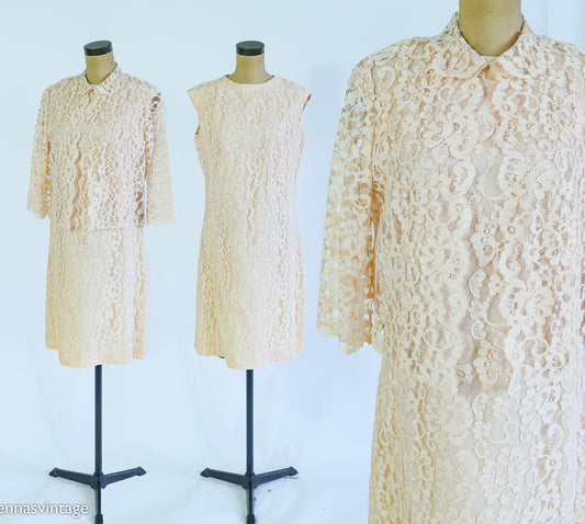 1960s Peach Lace Dress & Jacket Set, Wedding Ensemble, Large