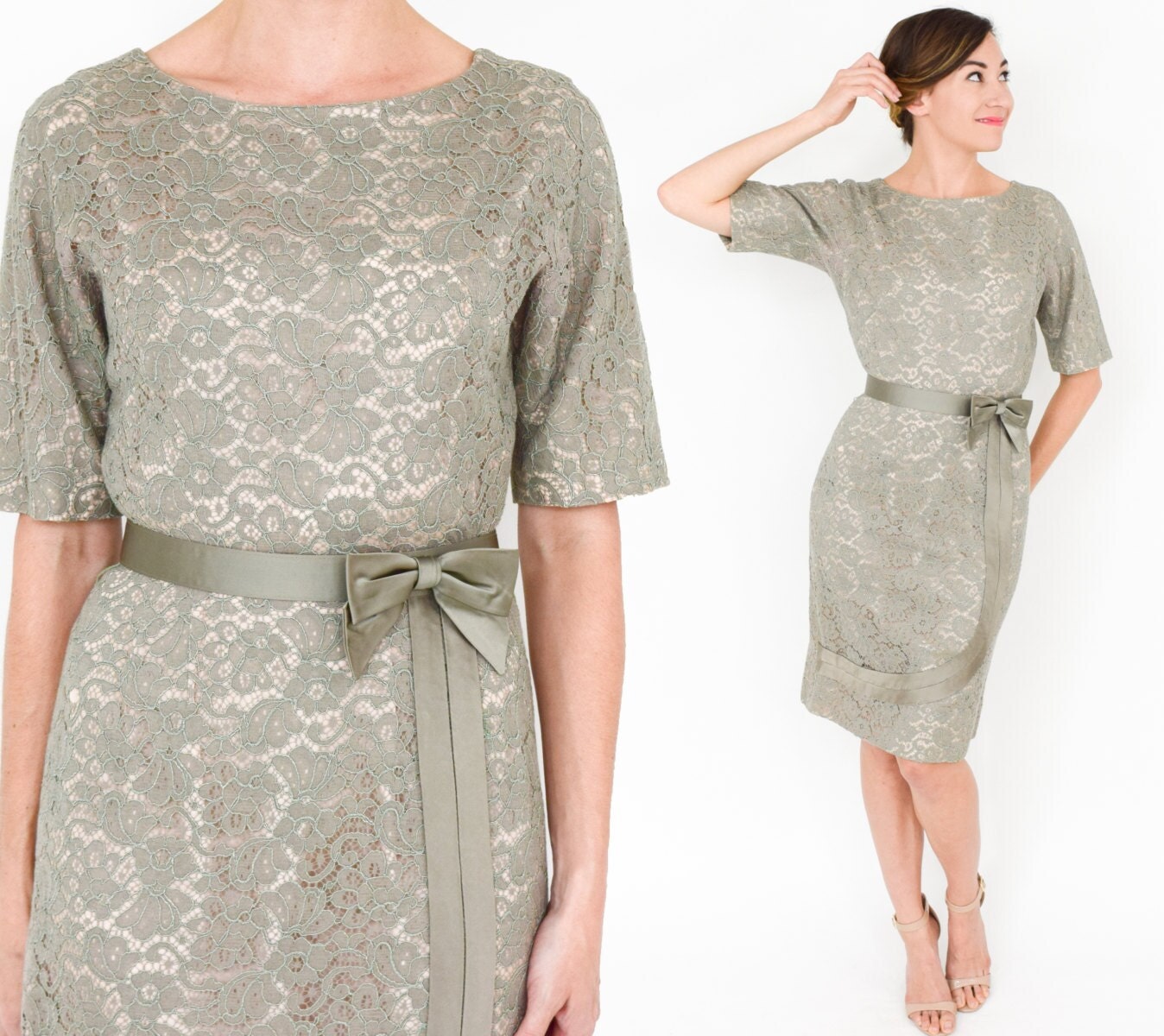 1950s Sage Green Lace Cocktail Dress, Medium