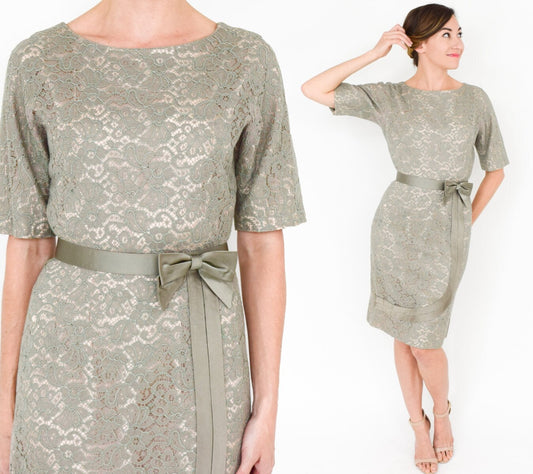 1950s Sage Green Lace Cocktail Dress, Medium
