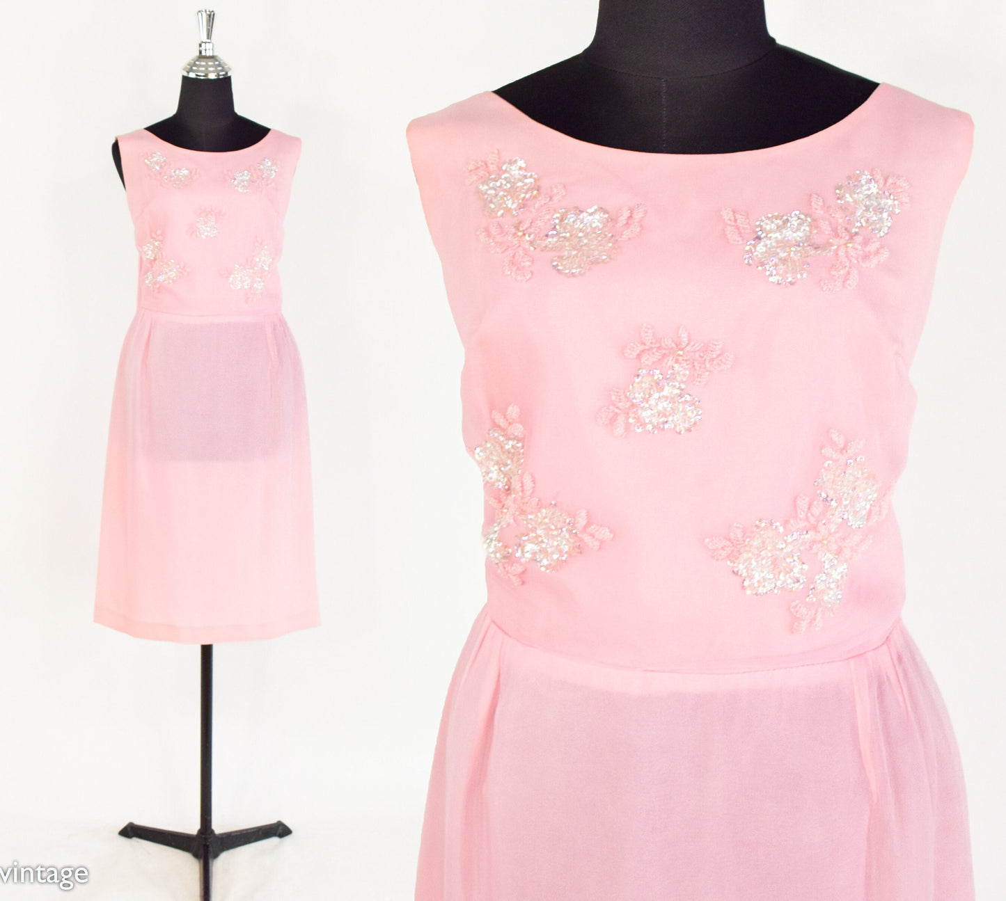 1950s Pink Chiffon Party Dress | Sequin Beaded Cocktail Gown, Large