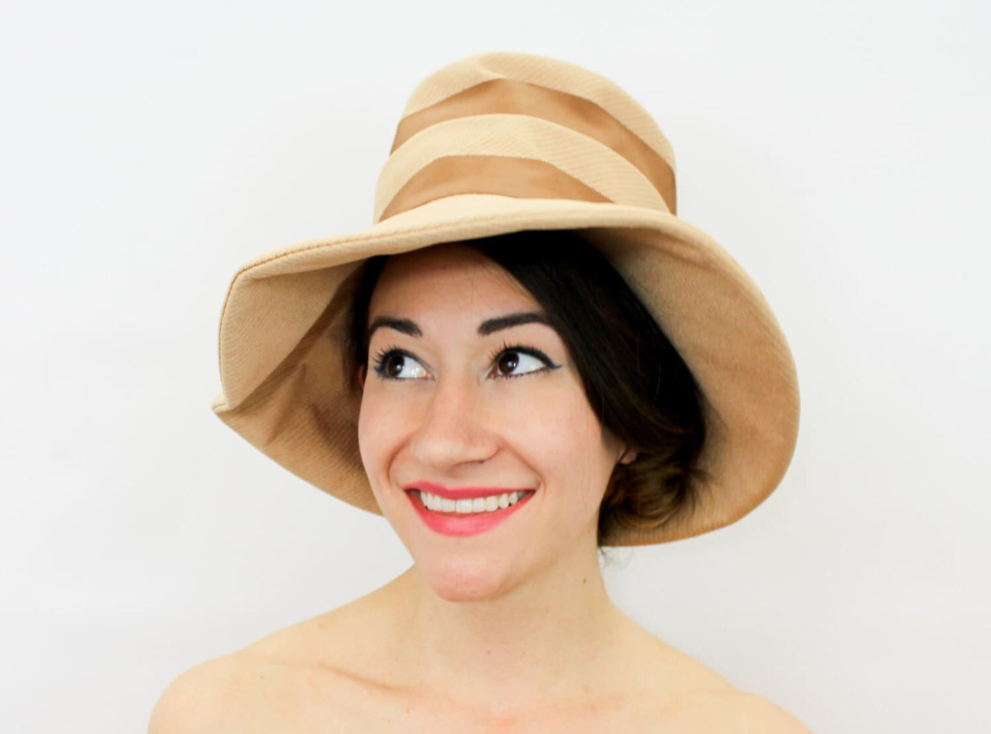 1960s Lilly Daché Tan Striped High Crown Hat