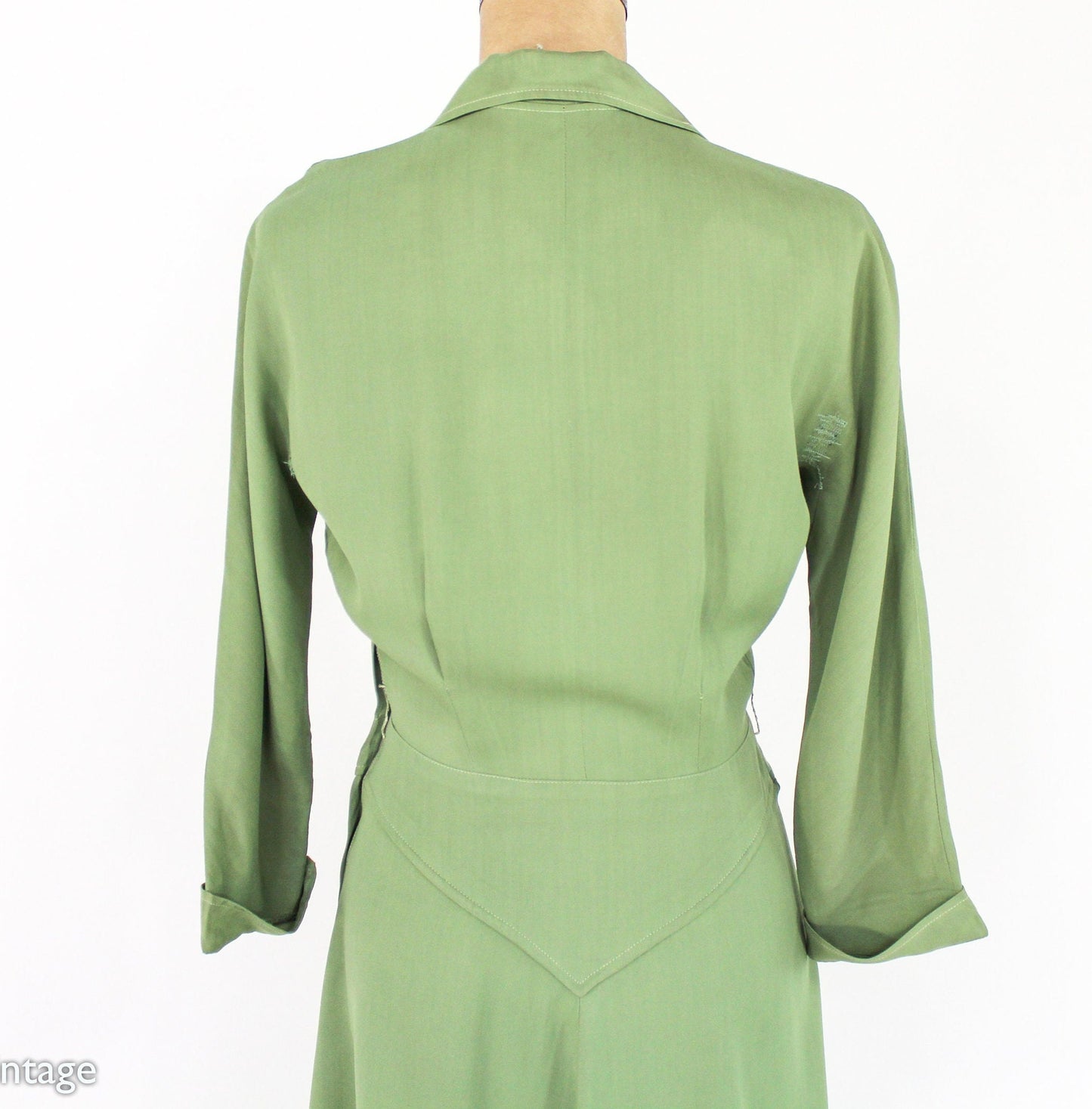 1940s Green Cotton Dress | 40s Green Embroidered Dress | Old Hollywood | Small