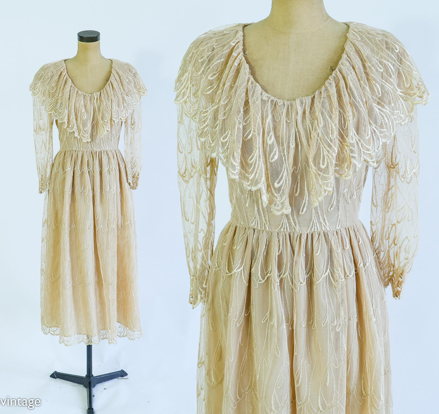 1980s Beige Lace Party Dress | Ruffled Portrait Collar, Medium