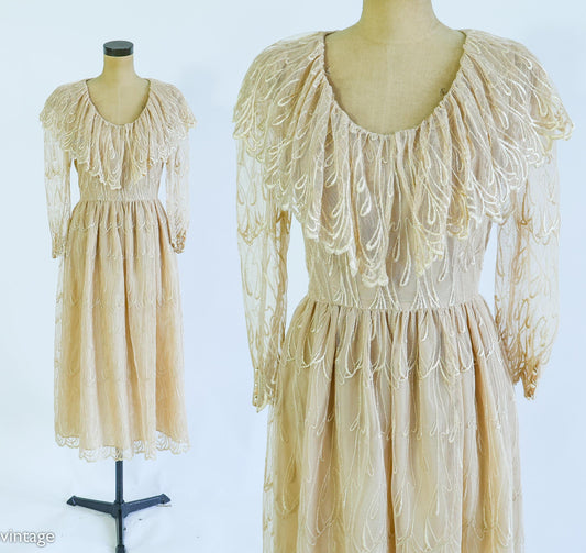1980s Beige Lace Party Dress | Ruffled Portrait Collar, Medium