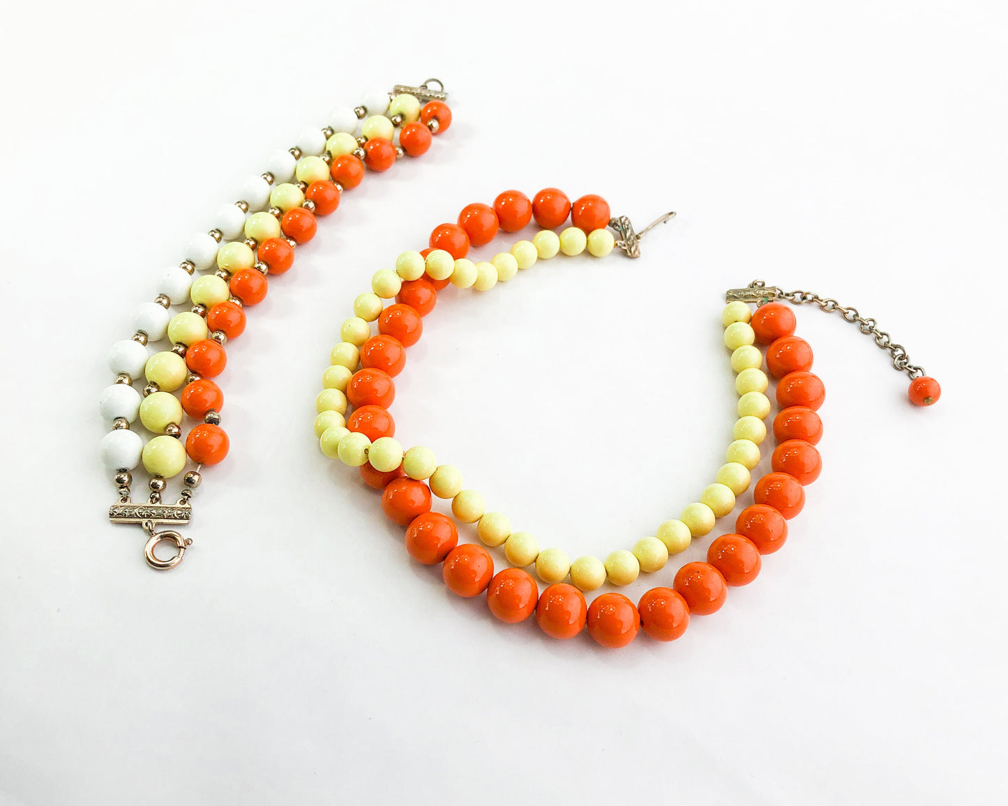 1960s Orange Beaded Necklace Set | 60s Yellow & Orange Plastic Choker Bracelet Set