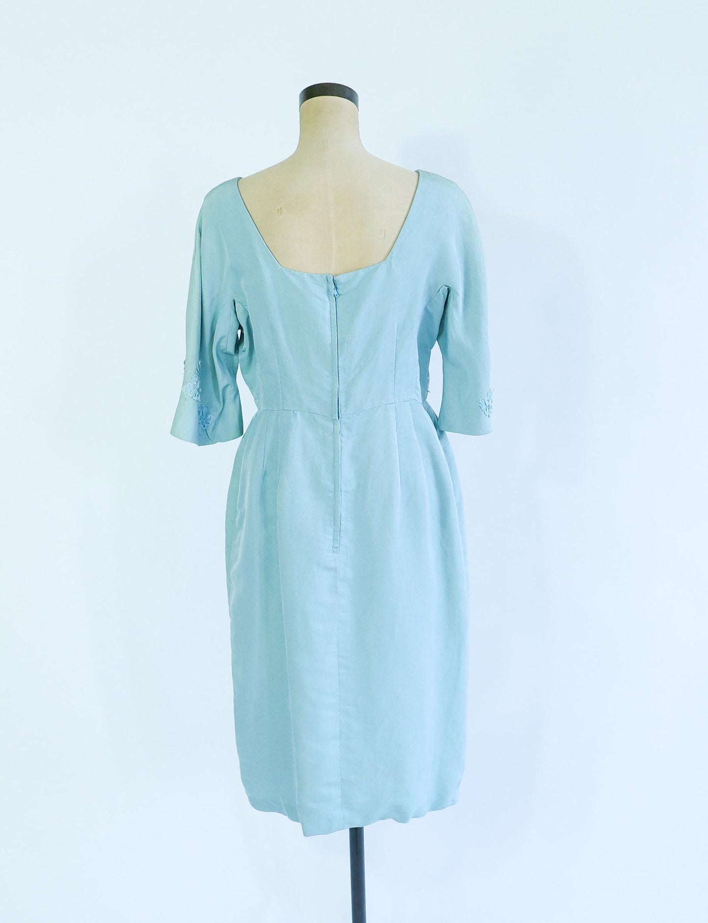 1950s Turquoise Silk Cocktail Dress | Rosette Bodice, Large