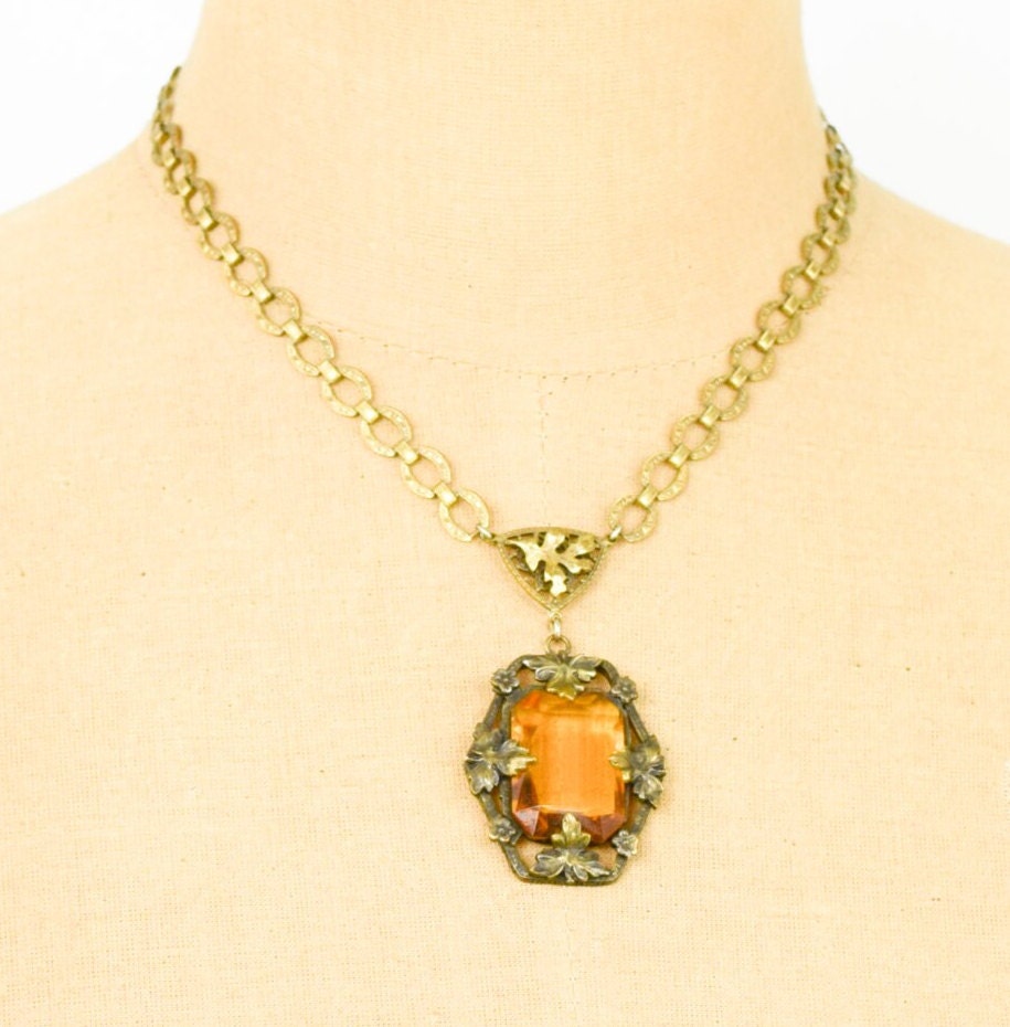 1930s Topaz Glass Filigree Pendant Necklace